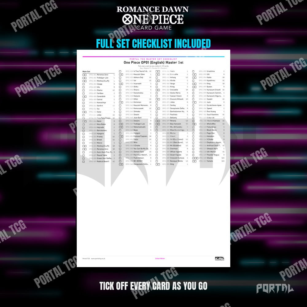One Piece Romance Dawn master set placeholders, the free checklist included in the download, Portal TCG