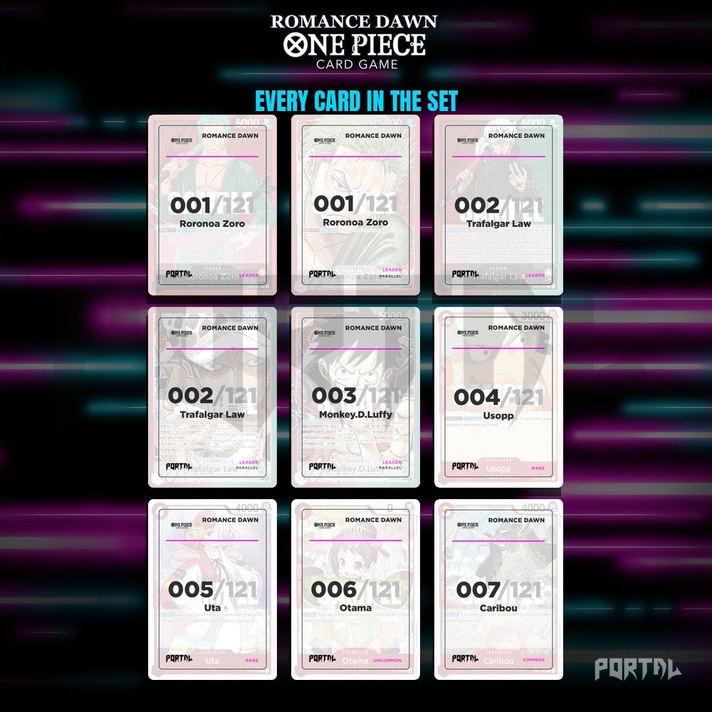 One Piece Romance Dawn master set placeholders, nine pocket binder page, Portal TCG