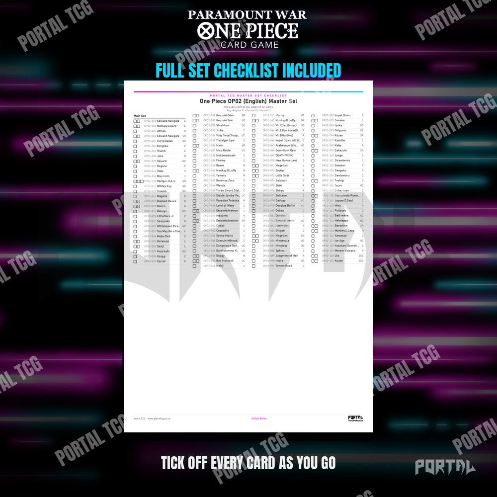 One Piece Paramount War master set placeholders, the free checklist included in the download, Portal TCG