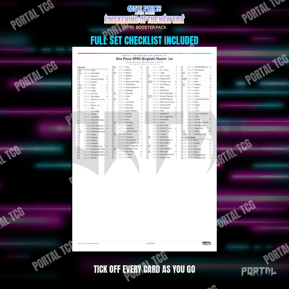 One Piece Awakening of the New Era master set placeholders, the free checklist included in the download, Portal TCG