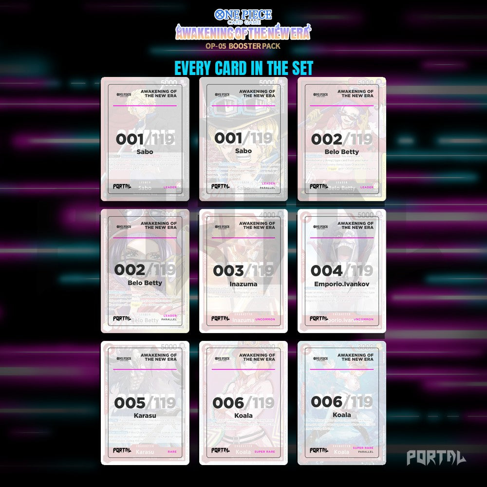 One Piece Awakening of the New Era master set placeholders, nine pocket binder page, Portal TCG