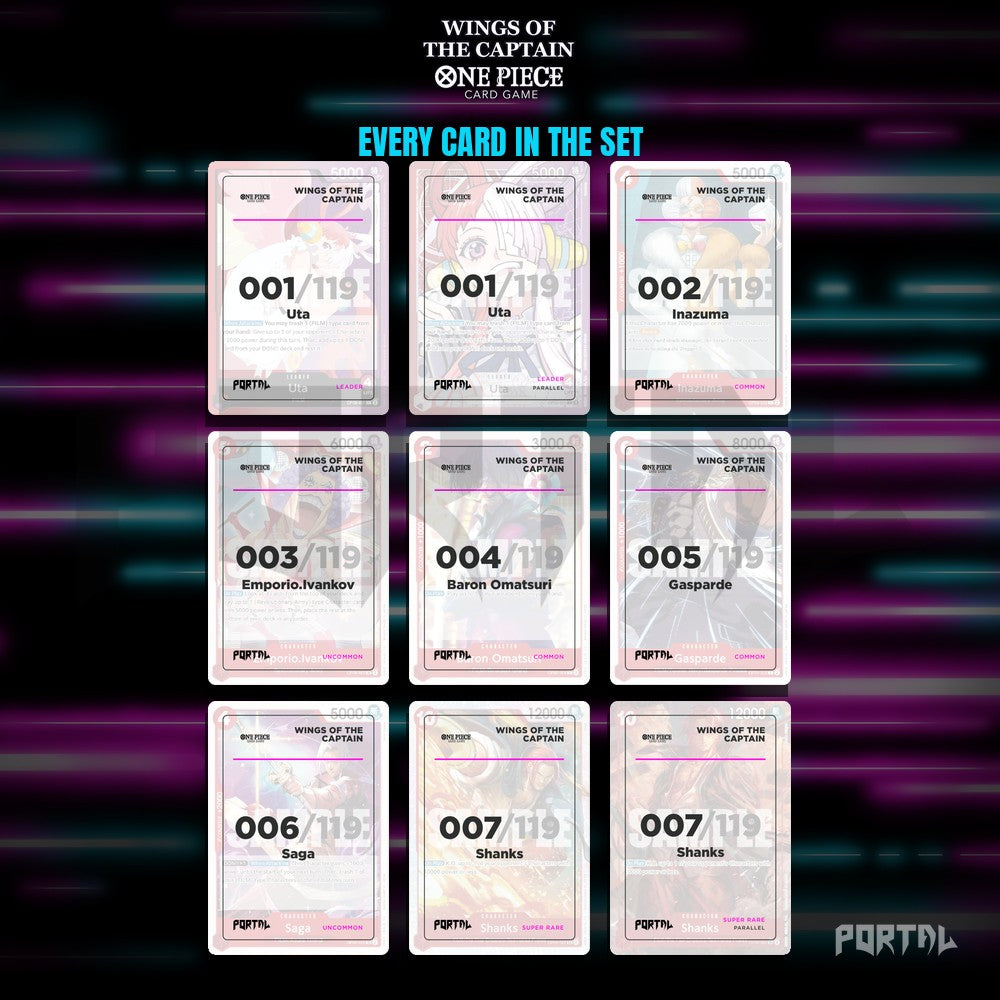 One Piece Wings of the Captain master set placeholders, nine pocket binder page, Portal TCG