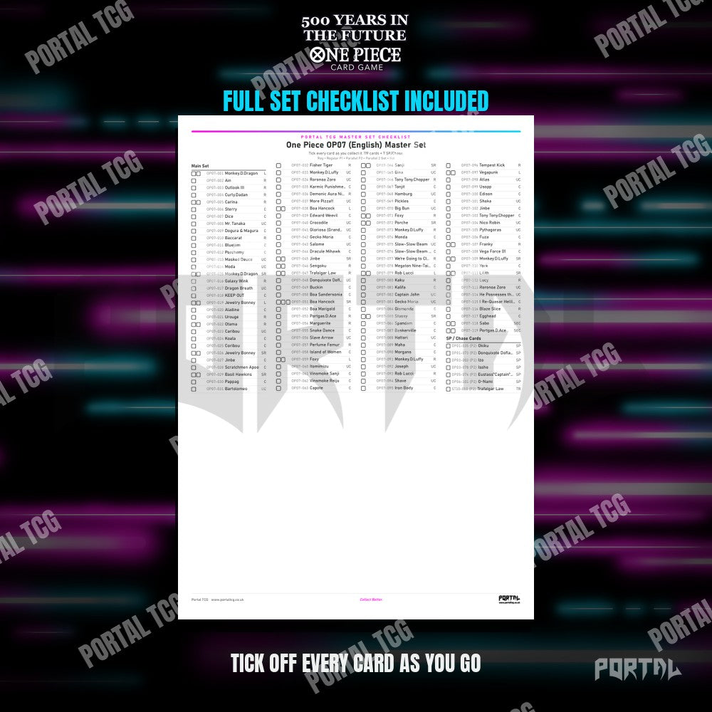 One Piece 500 Years in the Future master set placeholders, the free checklist included in the download, Portal TCG