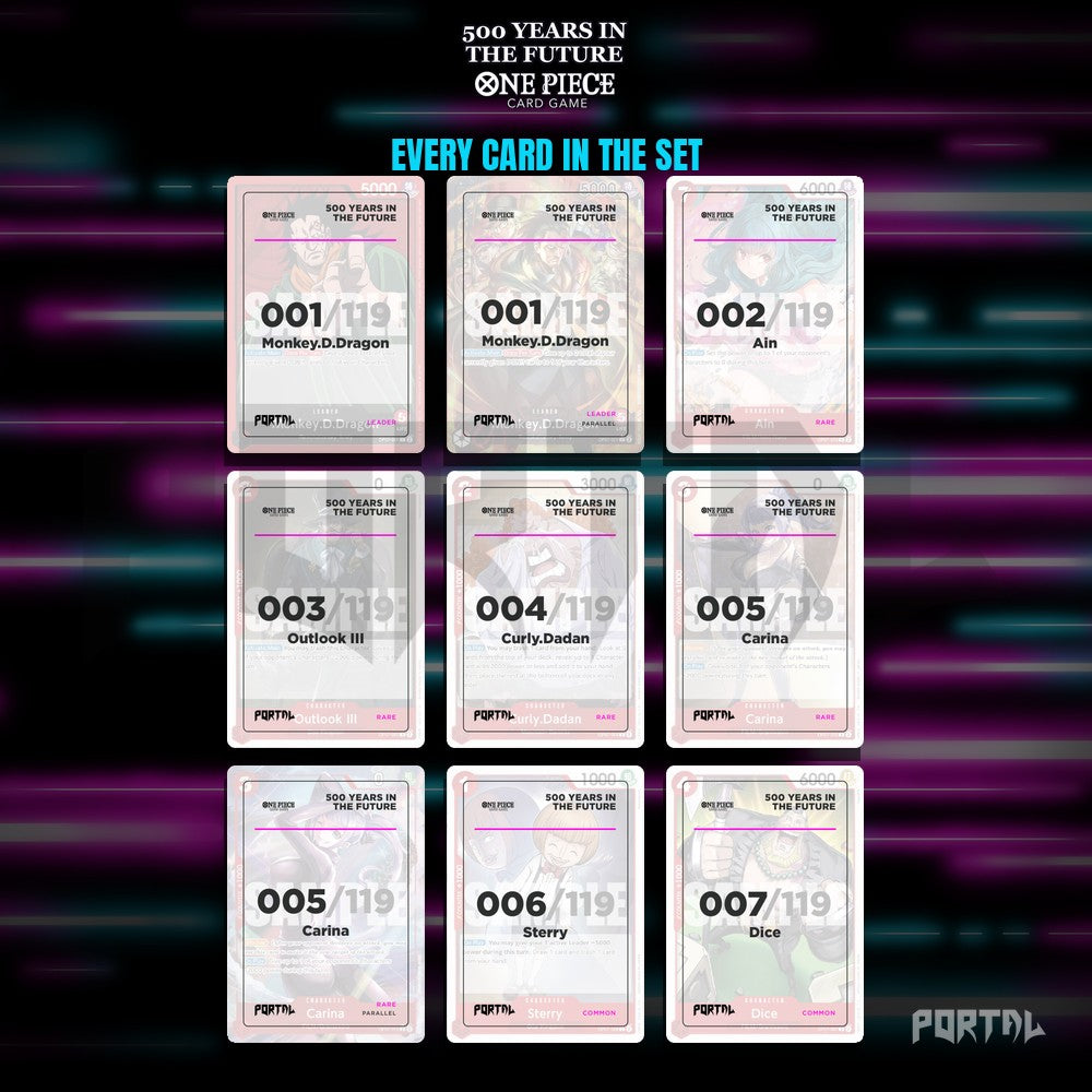 One Piece 500 Years in the Future master set placeholders, nine pocket binder page, Portal TCG
