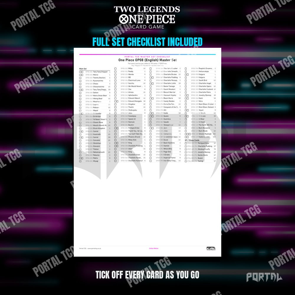 One Piece Two Legends master set placeholders, the free checklist included in the download, Portal TCG