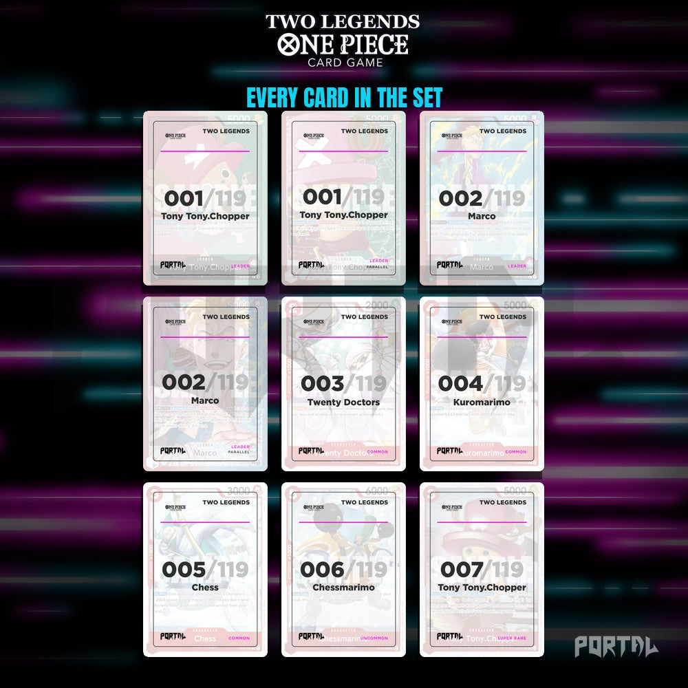 One Piece Two Legends master set placeholders, nine pocket binder page, Portal TCG