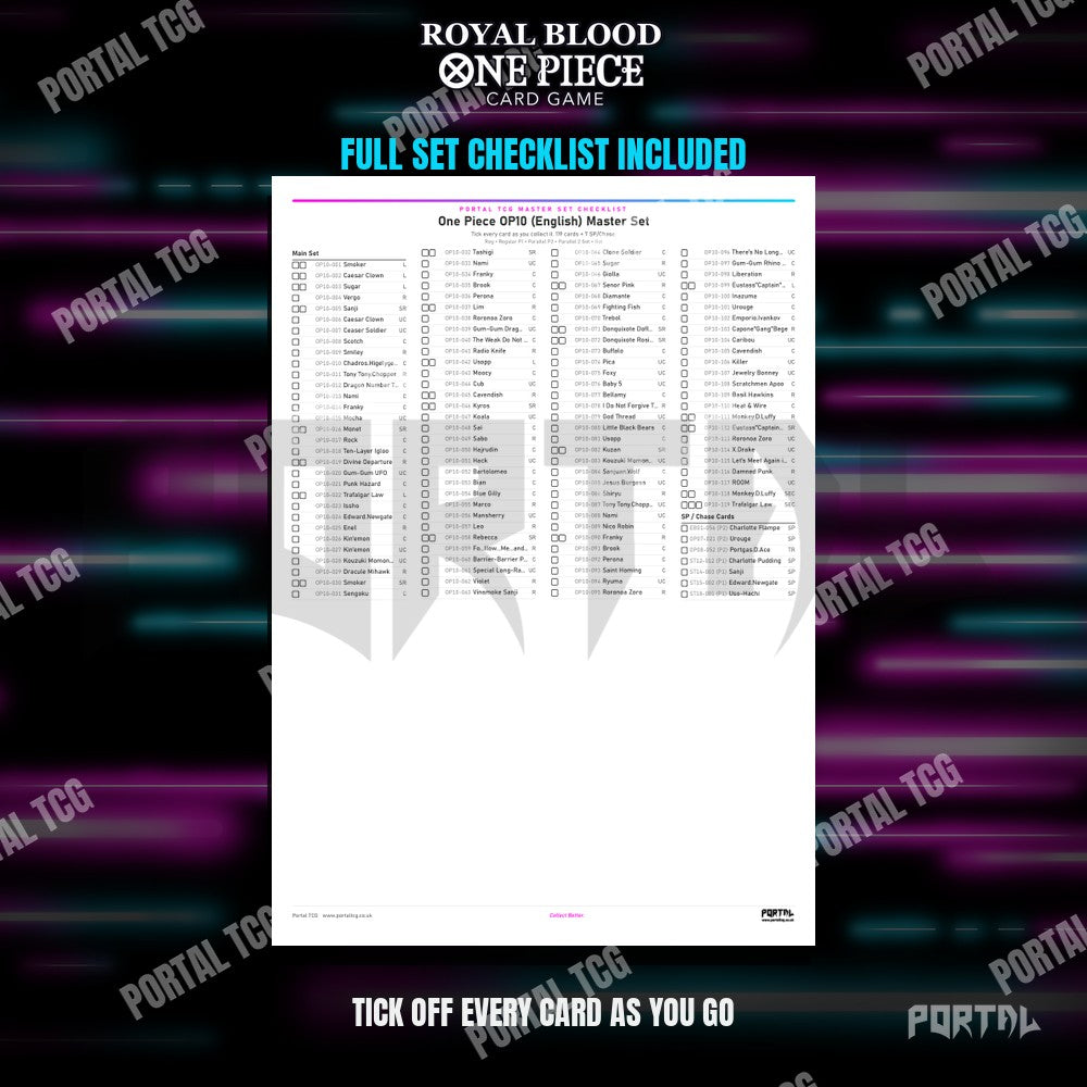 One Piece Royal Blood master set placeholders, the free checklist included in the download, Portal TCG
