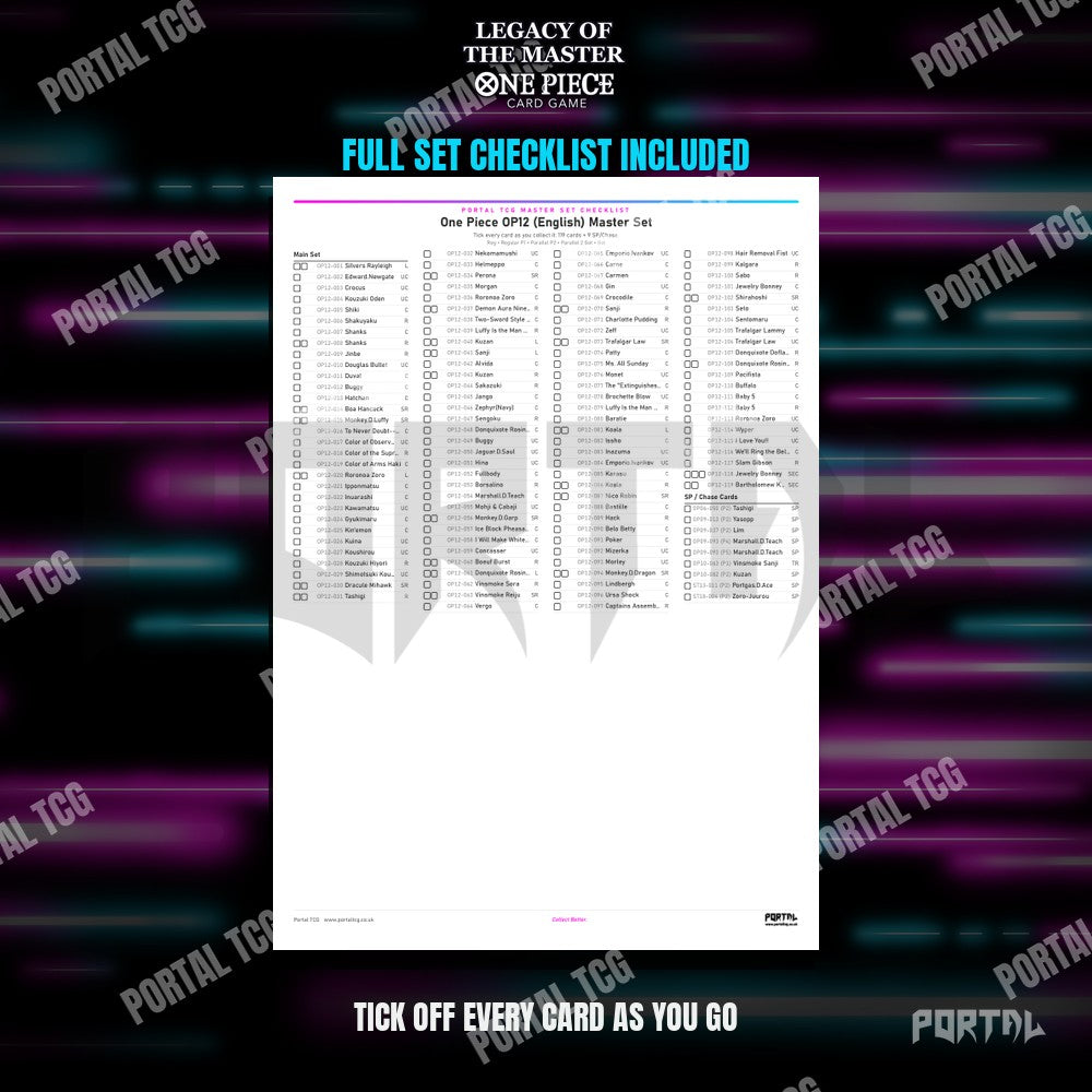 One Piece Legacy of the Master master set placeholders, the free checklist included in the download, Portal TCG