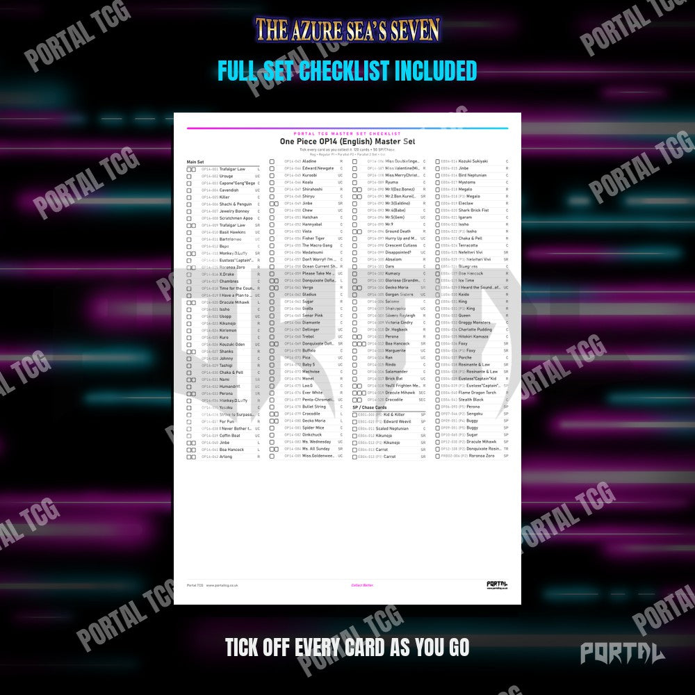 One Piece The Azure Sea's Seven master set placeholders, the free checklist included in the download, Portal TCG