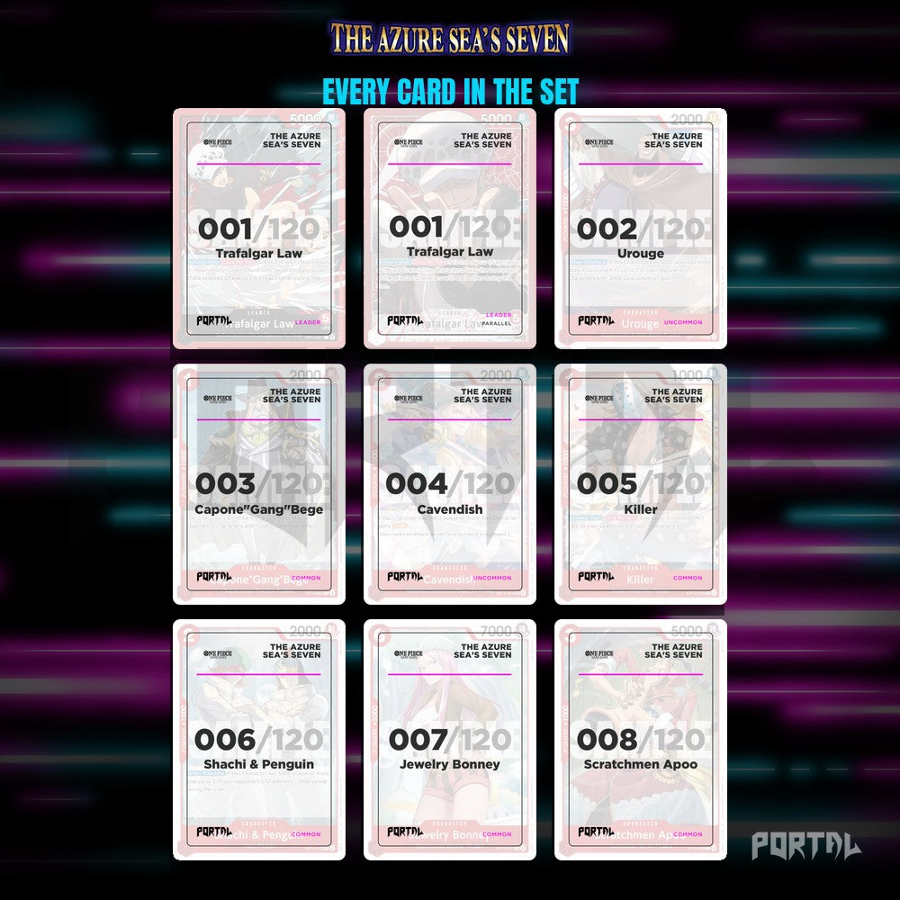 One Piece The Azure Sea's Seven master set placeholders, nine pocket binder page, Portal TCG