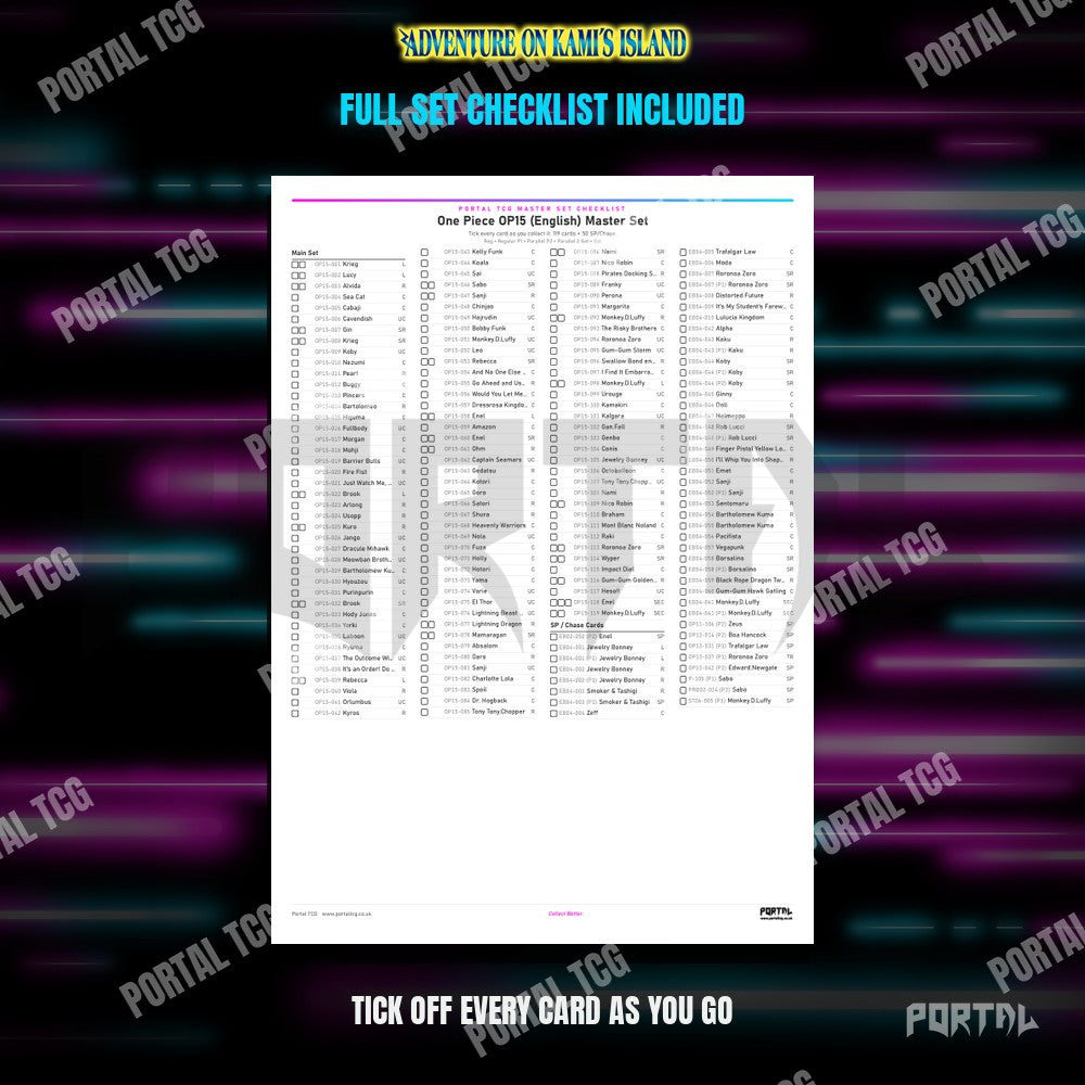 One Piece Adventure on Kami's Island master set placeholders, the free checklist included in the download, Portal TCG