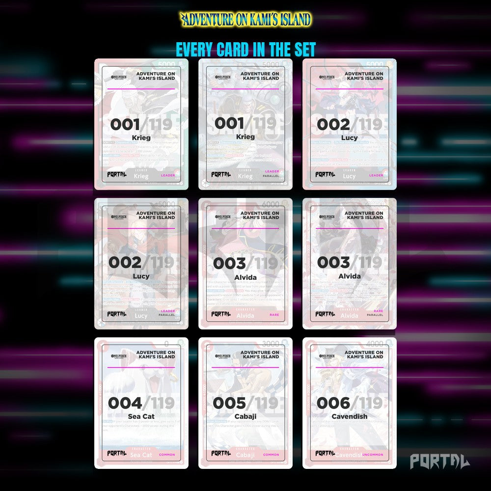 One Piece Adventure on Kami's Island master set placeholders, nine pocket binder page, Portal TCG