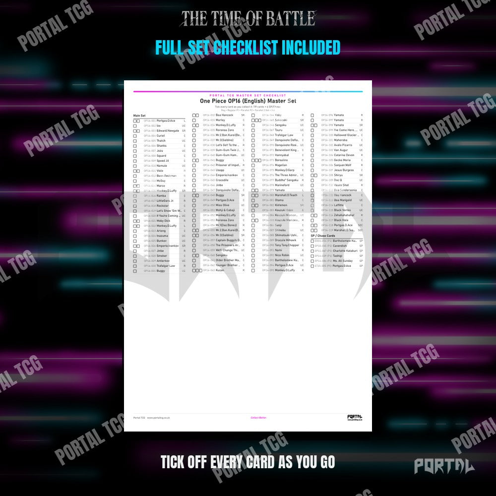 One Piece The Time of Battle master set placeholders, the free checklist included in the download, Portal TCG