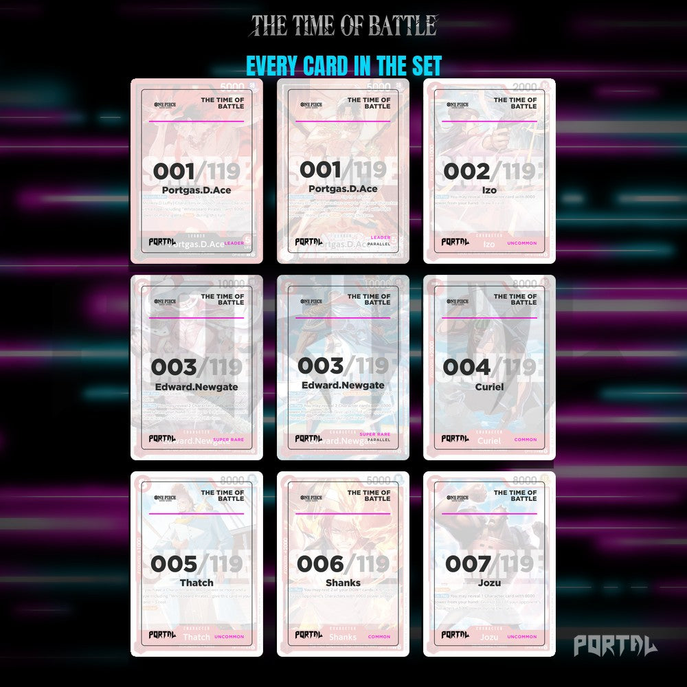 One Piece The Time of Battle master set placeholders, nine pocket binder page, Portal TCG