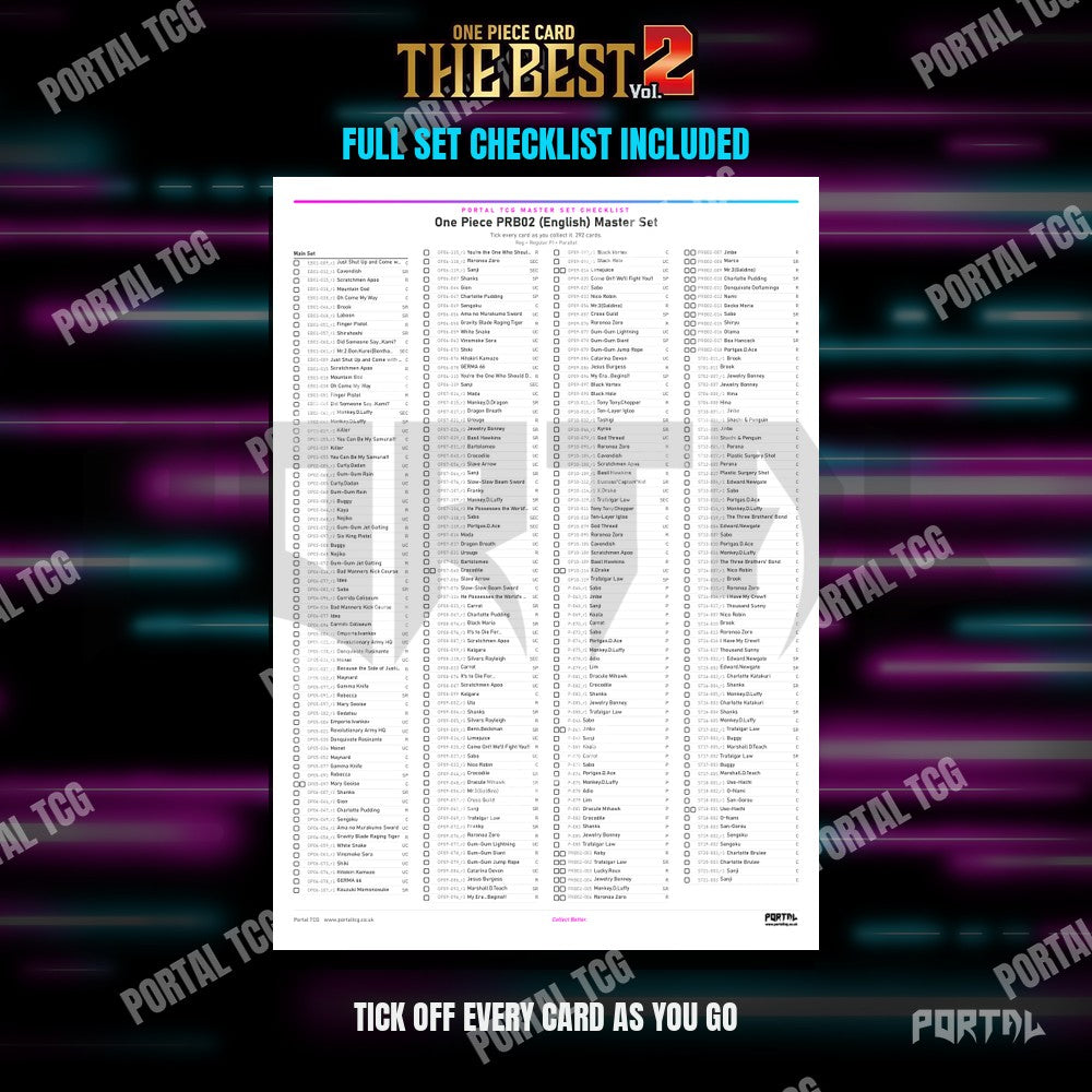 One Piece Premium Booster The Best Vol 2 master set placeholders, the free checklist included in the download, Portal TCG