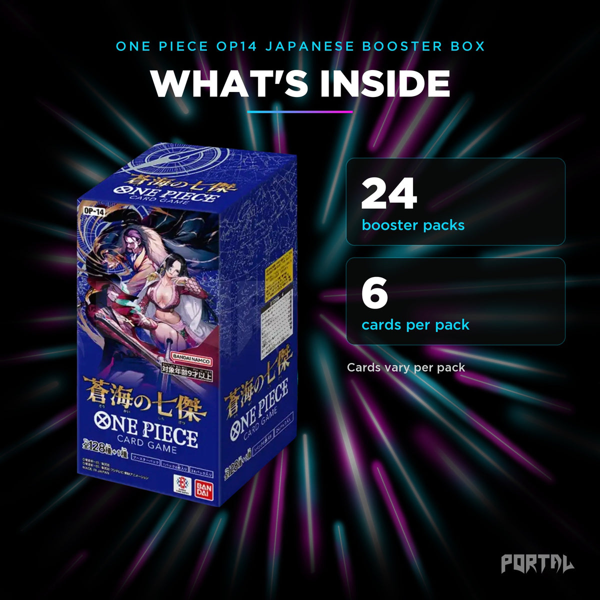 The Azure Sea's Seven Japanese booster box, what's inside: 24 booster packs, 6 cards per pack, Portal TCG