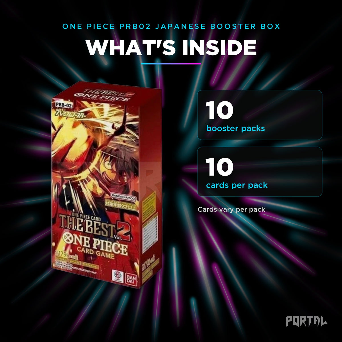 The Best Japanese booster box, what's inside: 10 booster packs, 10 cards per pack, Portal TCG