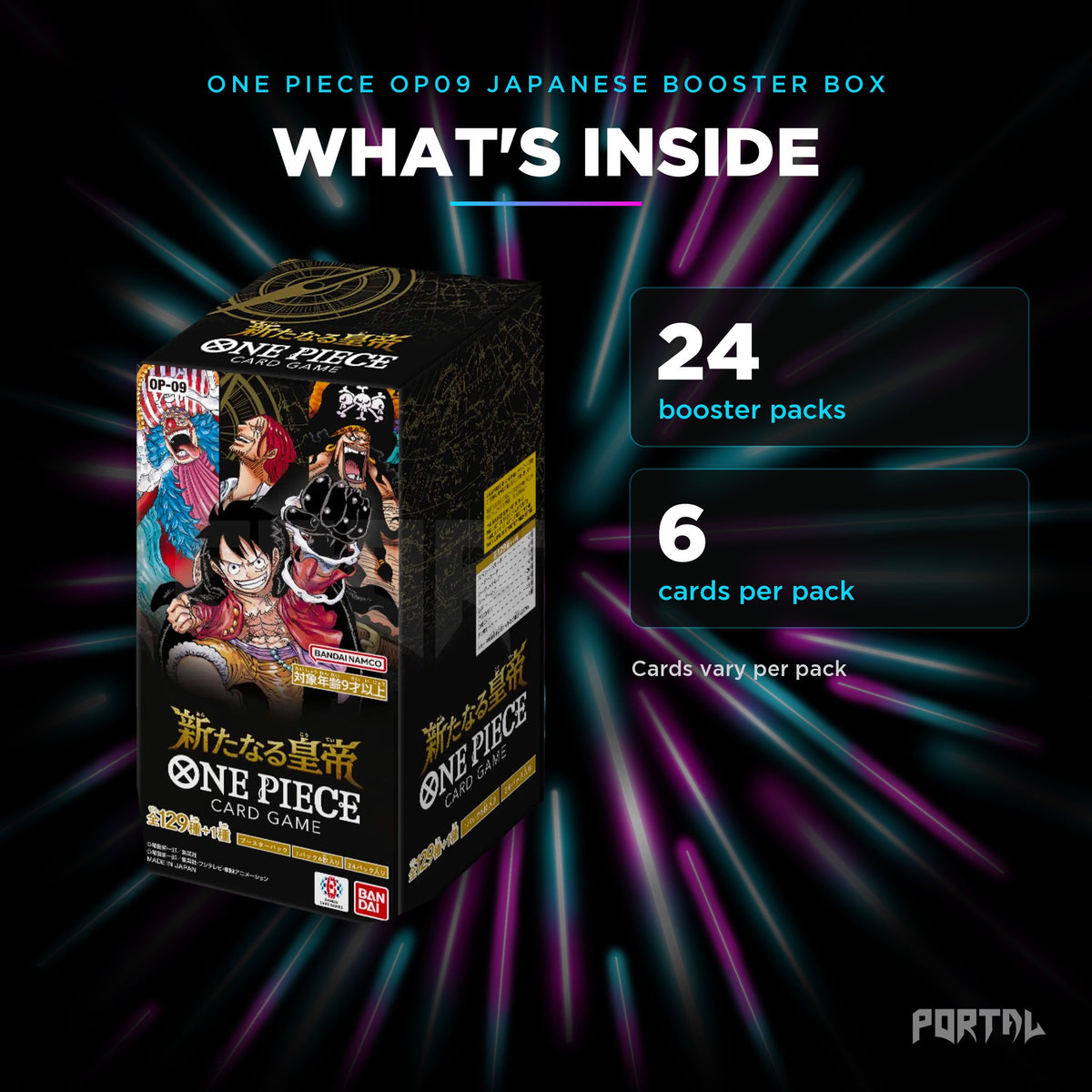 The Four Emperors Japanese booster box, what's inside: 24 booster packs, 6 cards per pack, Portal TCG