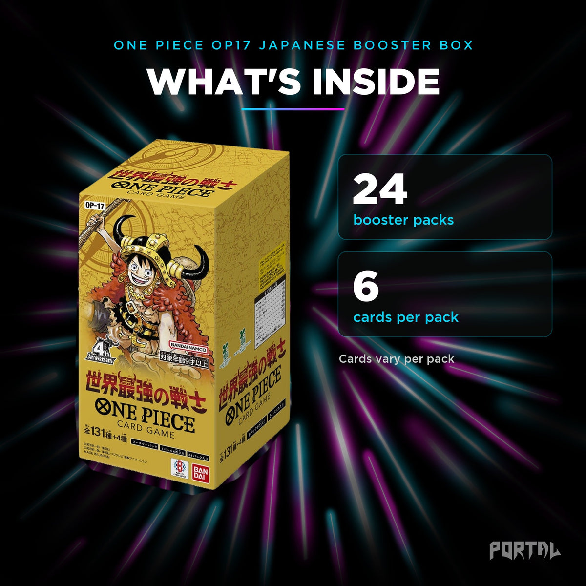 The World's Strongest Warriors Japanese booster box, what's inside: 24 booster packs, 6 cards per pack, Portal TCG