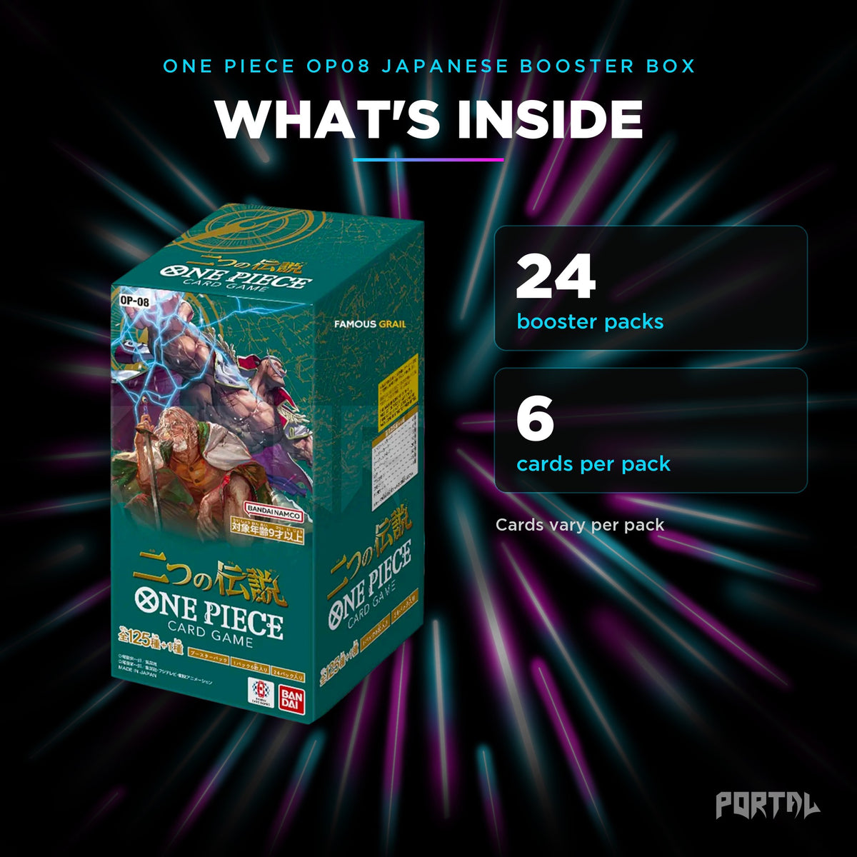 Two Legends Japanese booster box, what's inside: 24 booster packs, 6 cards per pack, Portal TCG
