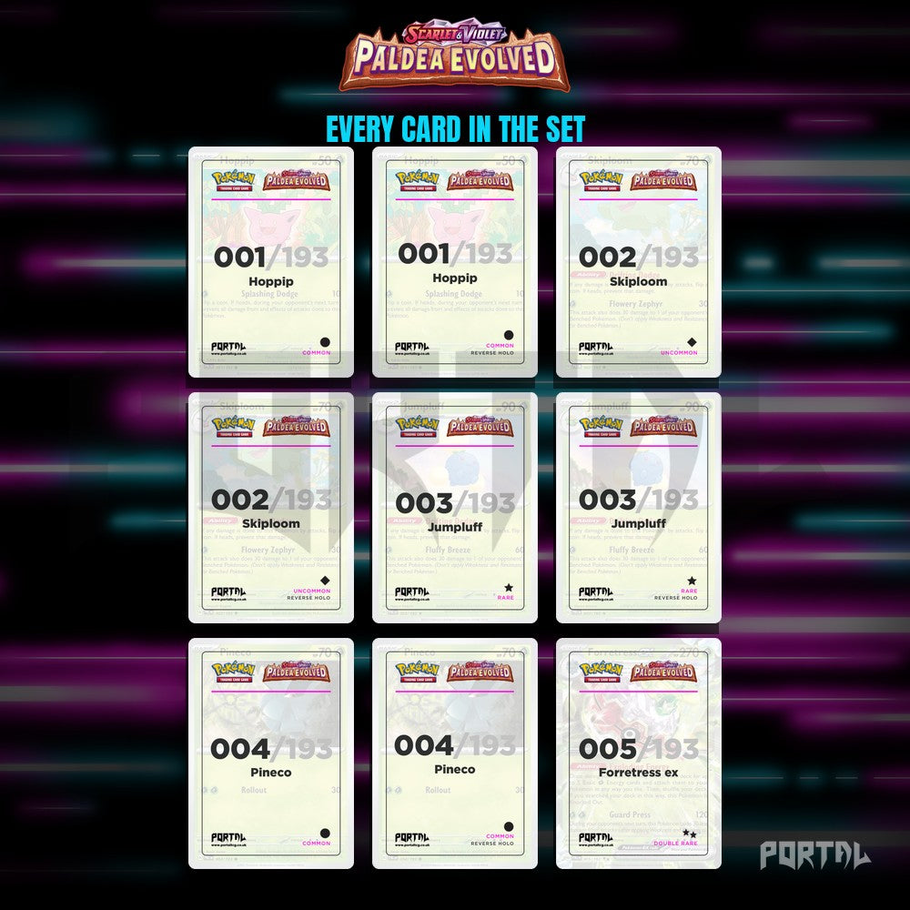Paldea Evolved placeholder cards laid out in a nine pocket binder page
