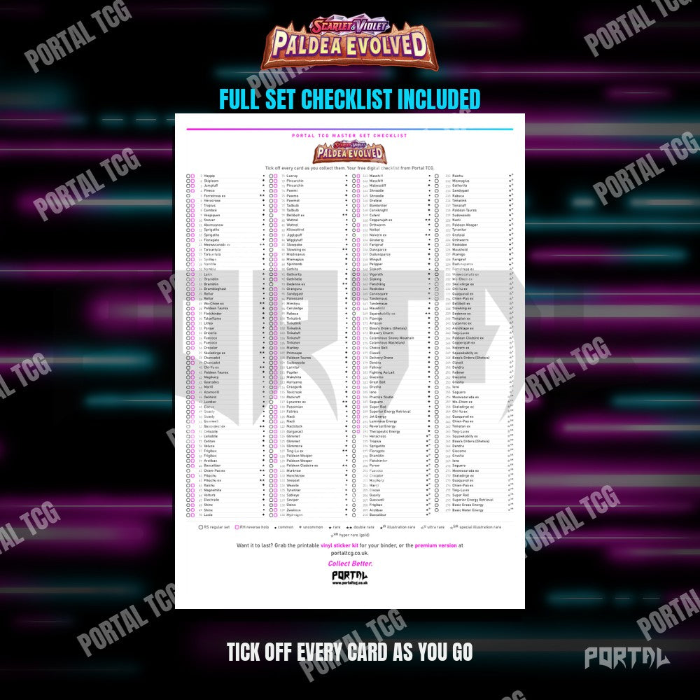 The free Paldea Evolved master set checklist included with the placeholders
