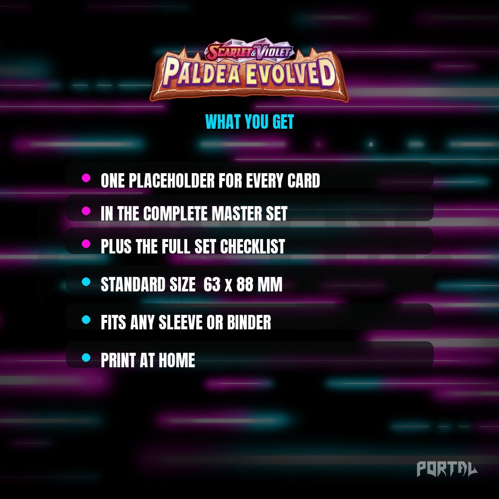Paldea Evolved master set placeholder cards, what is included