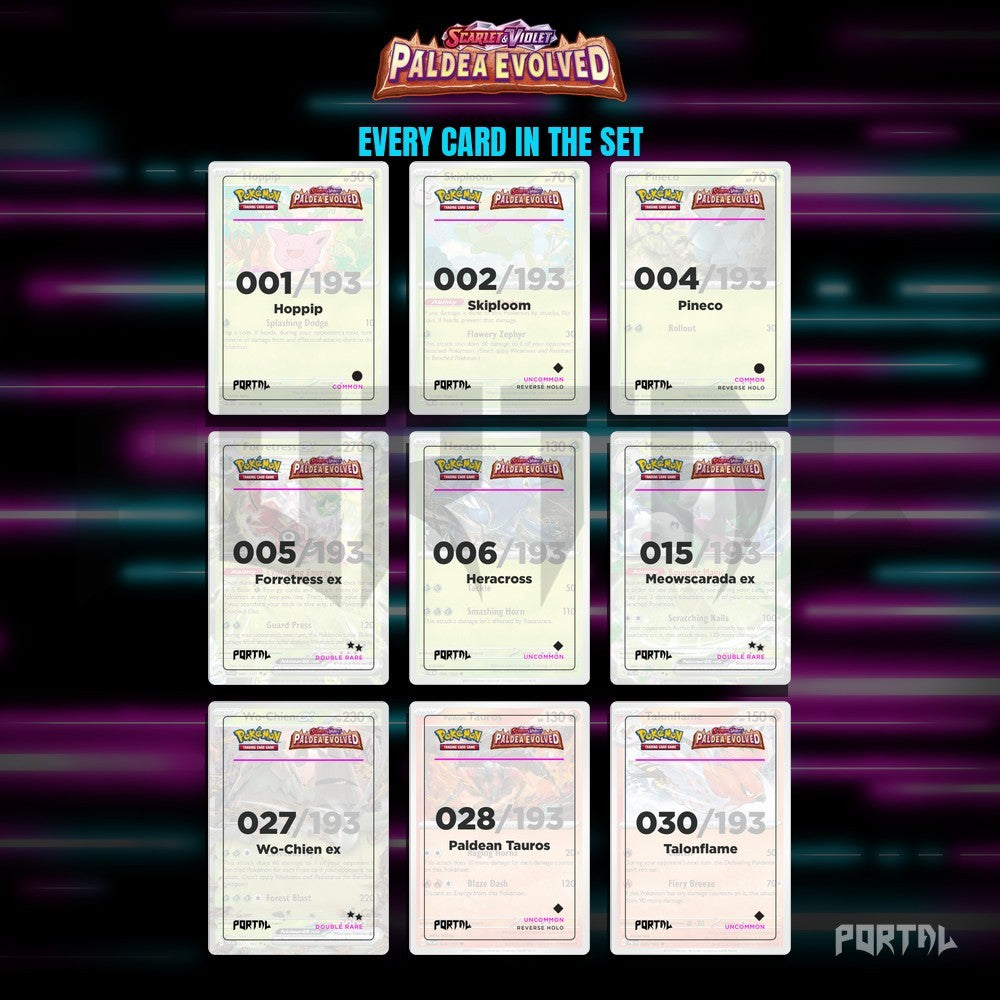 Paldea Evolved master set placeholders, binder page, Portal TCG