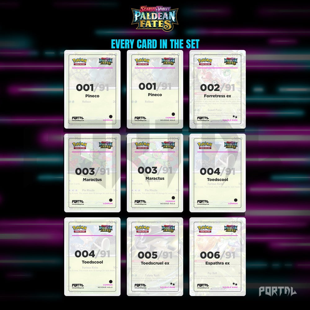 Paldean Fates placeholder cards laid out in a nine pocket binder page