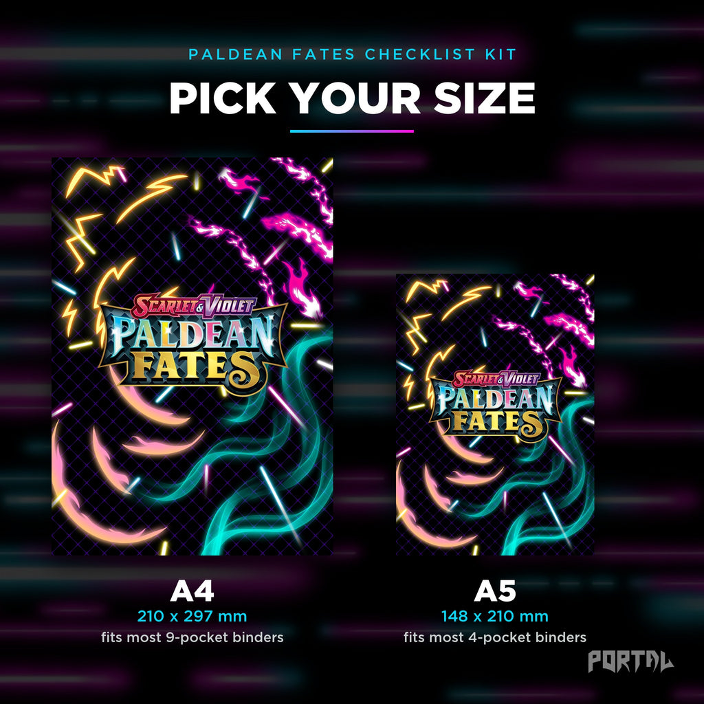 Pokemon Paldean Fates master set checklist kit, A4 and A5 sizes, Portal TCG