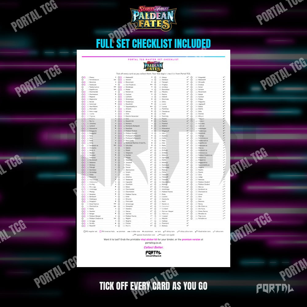 The free Paldean Fates master set checklist included with the placeholders