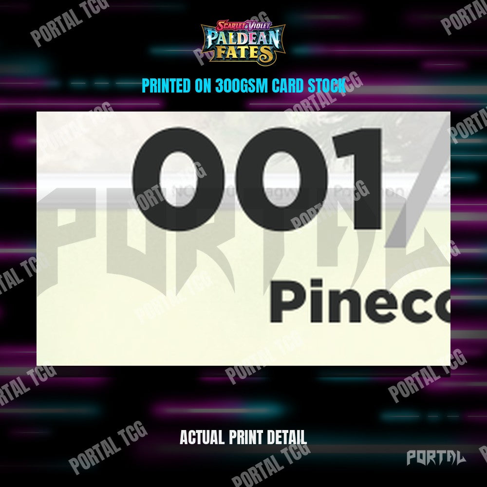Close up of the print quality on a Paldean Fates placeholder card