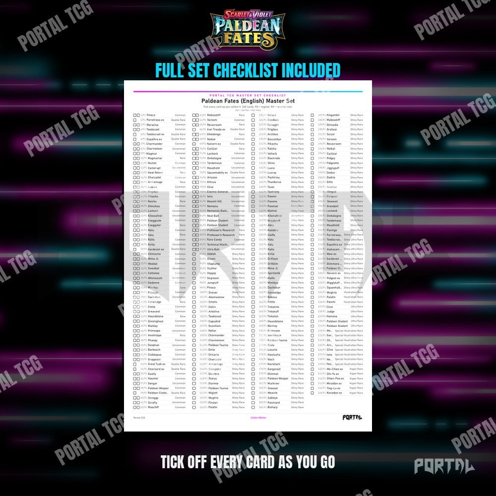 Paldean Fates master set placeholders, checklist included, Portal TCG