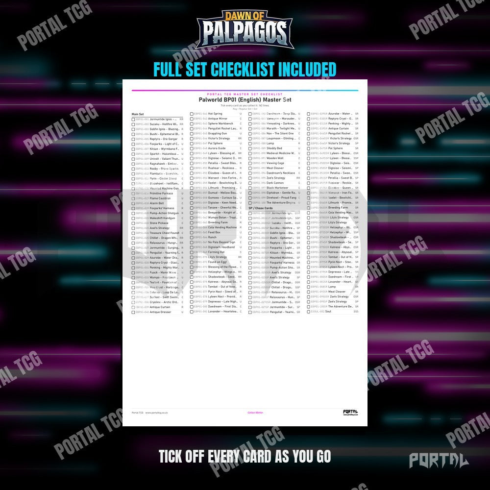 Palworld Dawn of Palpagos master set placeholders, checklist included, Portal TCG