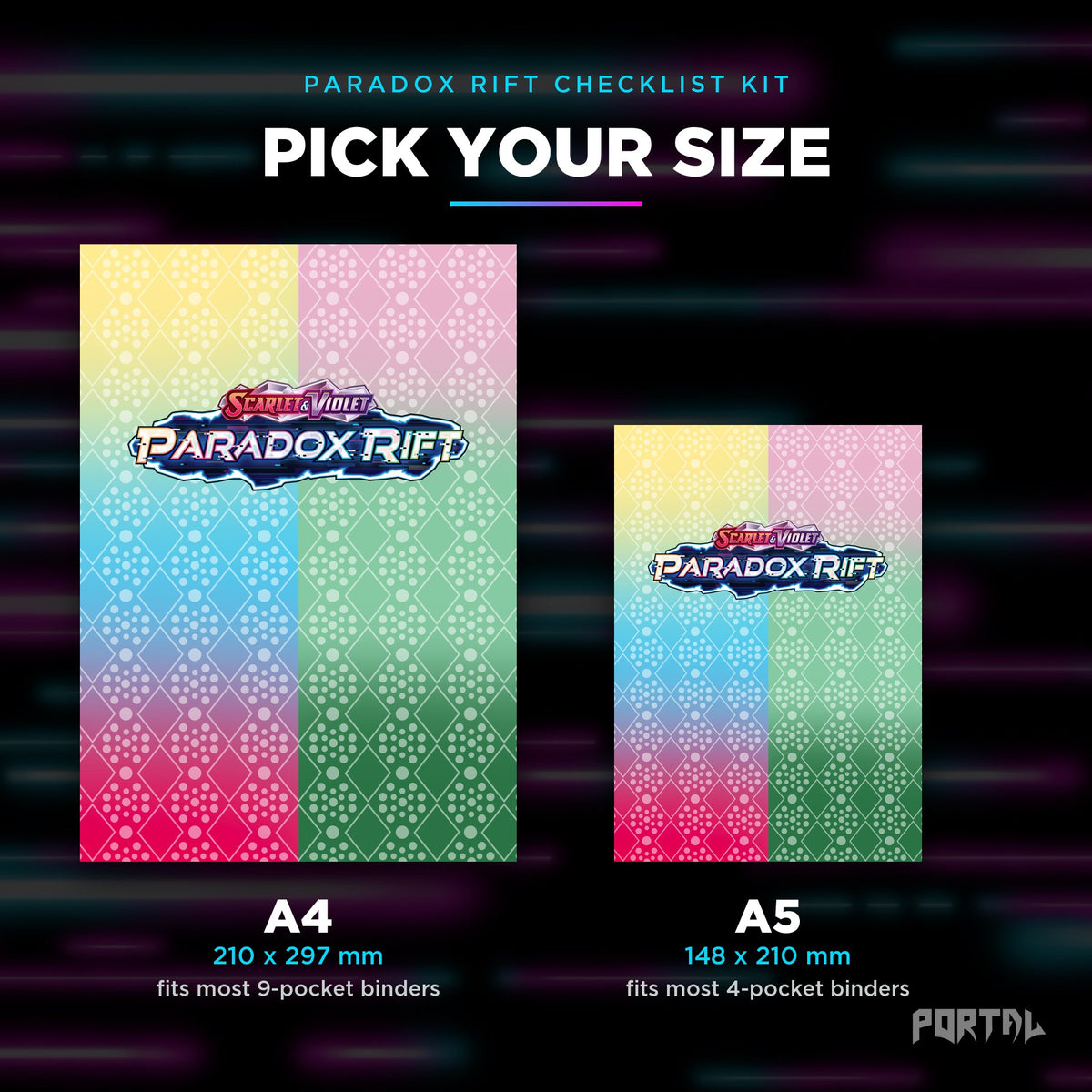 Pokemon Paradox Rift master set checklist kit, A4 and A5 sizes, Portal TCG
