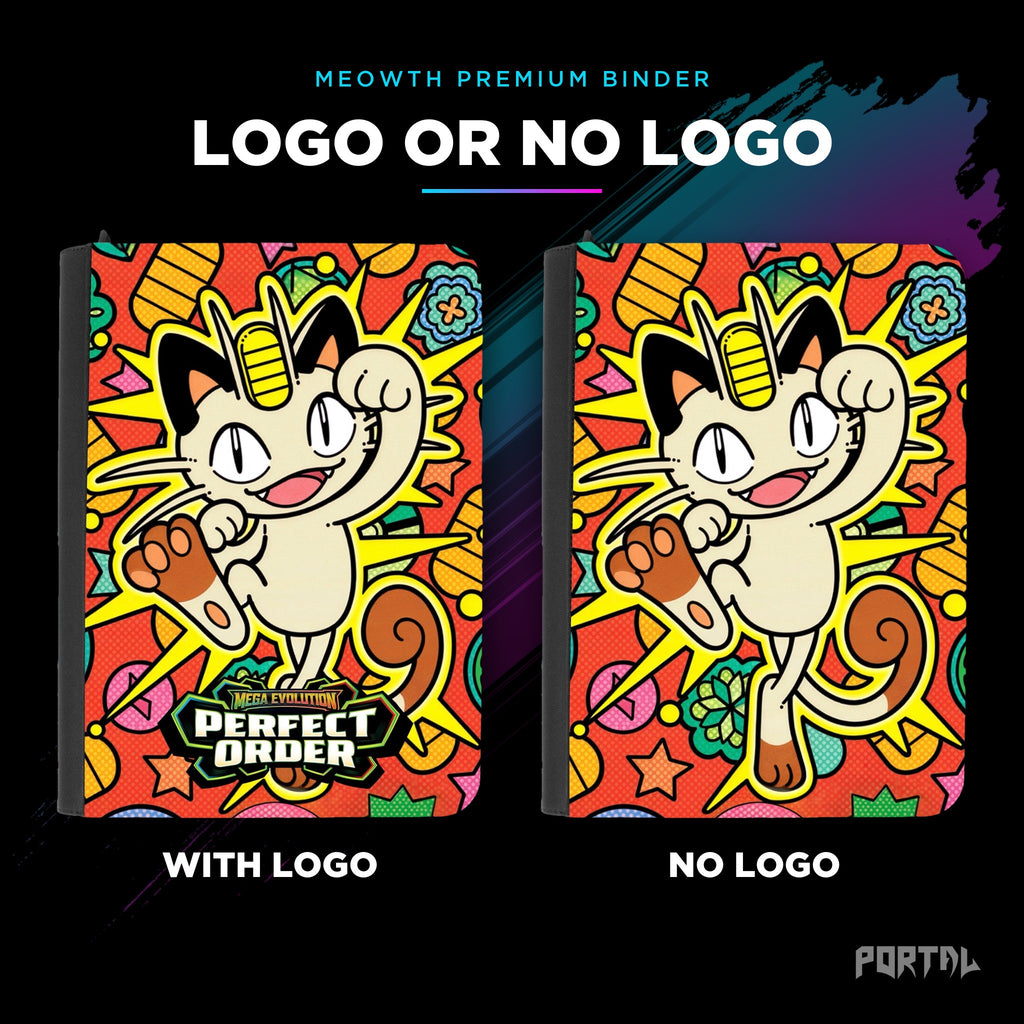 Pokemon Perfect Order Meowth premium binder, with logo and without logo side by side, Portal TCG