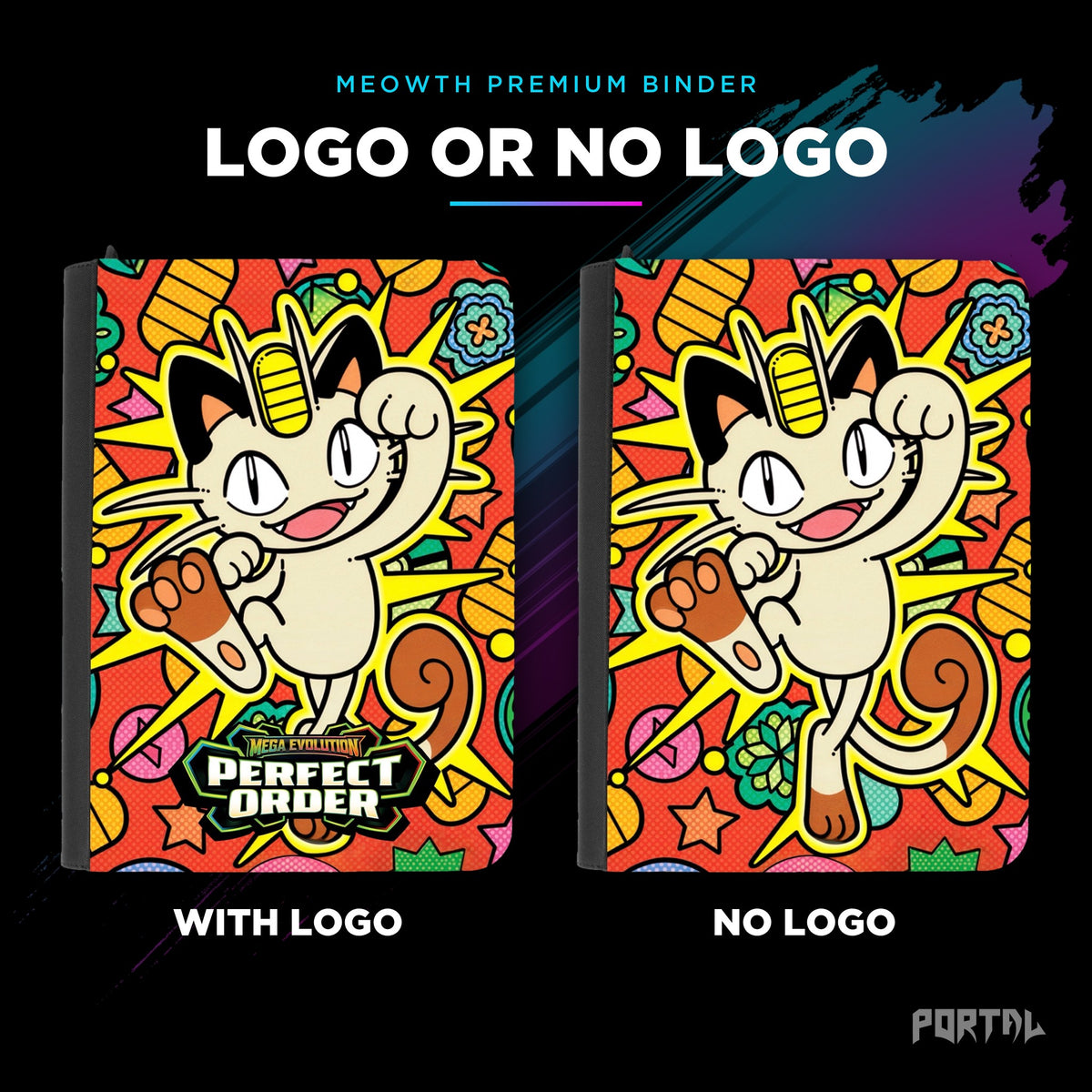 Pokemon Perfect Order Meowth premium binder, with logo and without logo side by side, Portal TCG