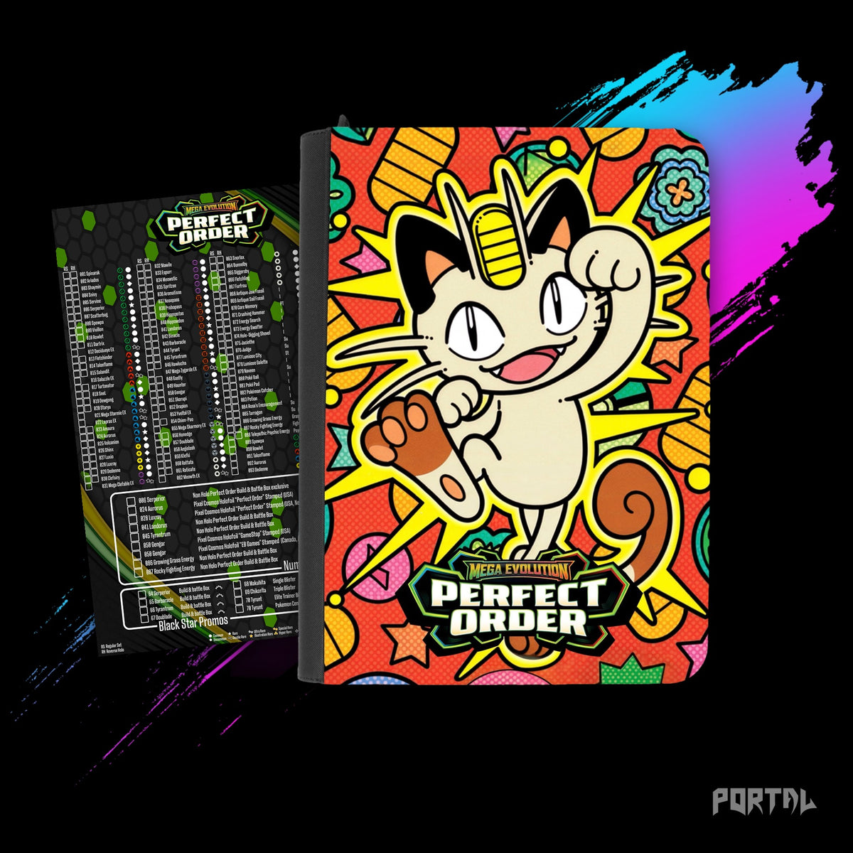 Pokemon Perfect Order Meowth premium binder, with its checklist, Portal TCG