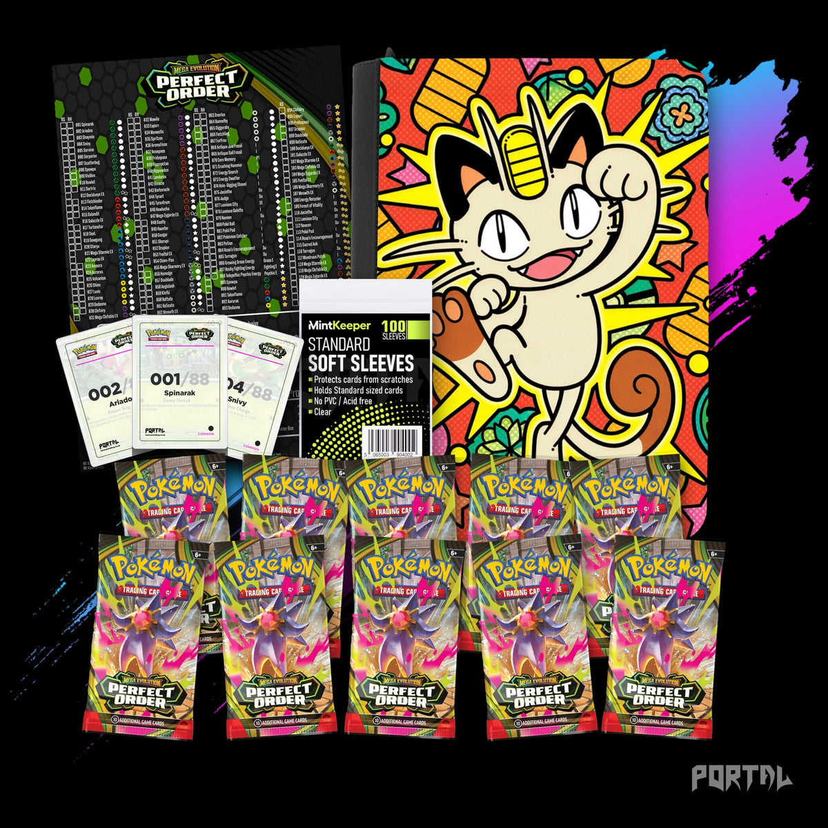 Pokemon Perfect Order Meowth premium collector's bundle, everything included, binder without set logo, Portal TCG
