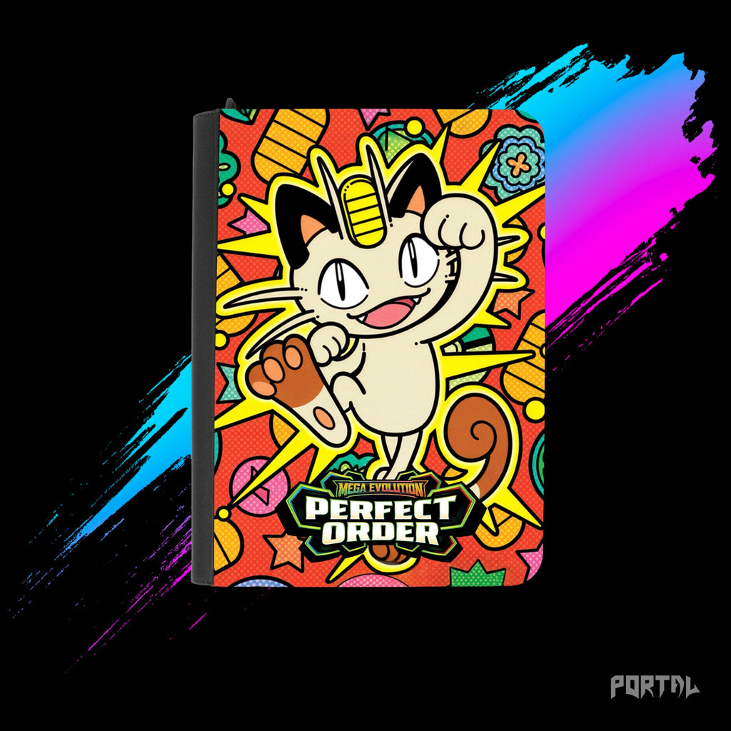Pokemon Perfect Order Meowth premium collector's bundle, premium binder front cover with set logo, Portal TCG