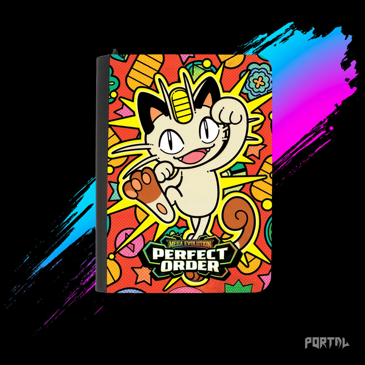 Pokemon Perfect Order Meowth premium collector's bundle, premium binder front cover with set logo, Portal TCG