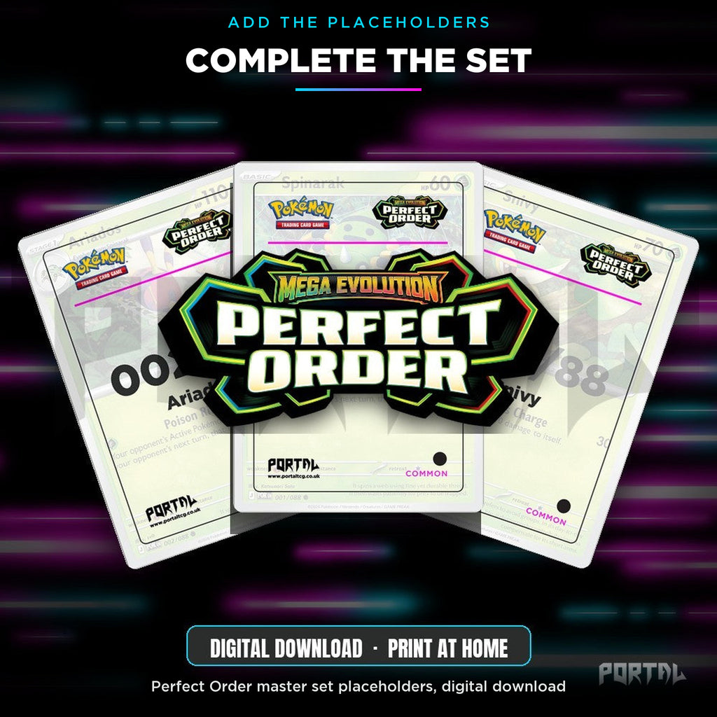 Pokemon Perfect Order Meowth Premium Printed Binder, complete the set with Perfect Order master set placeholders, Portal TCG