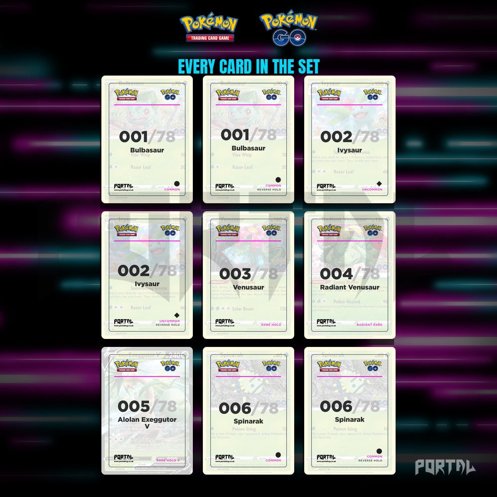Pokemon GO placeholder cards laid out in a nine pocket binder page