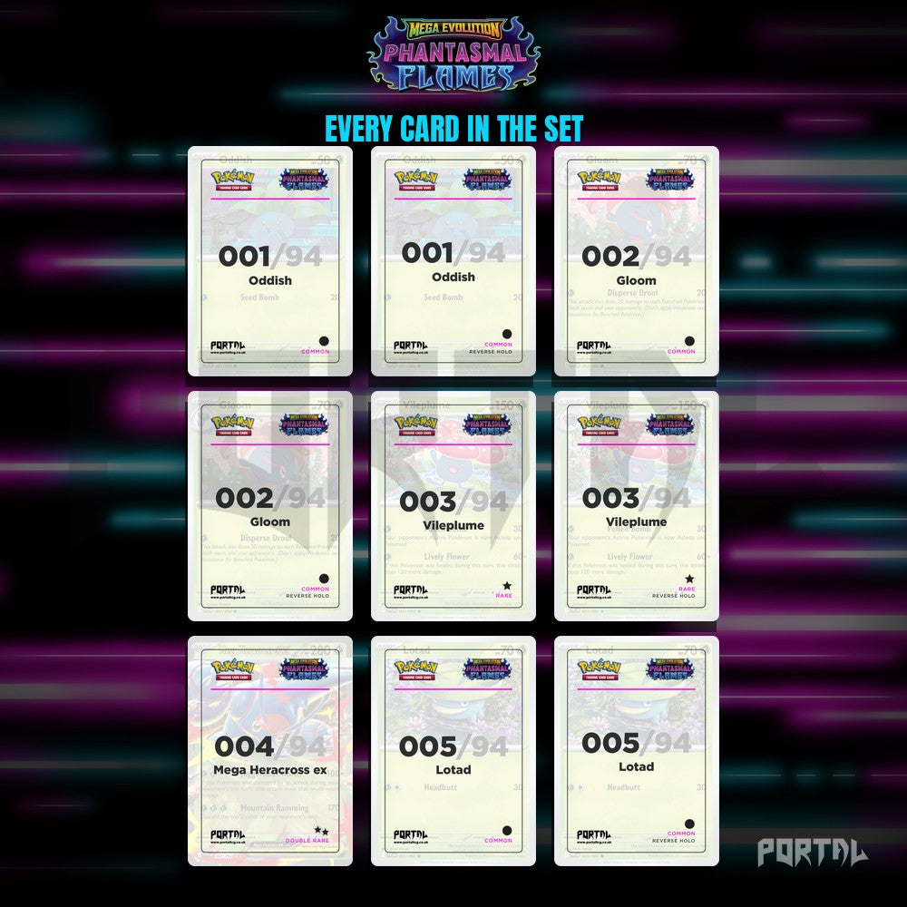 Phantasmal Flames placeholder cards laid out in a nine pocket binder page