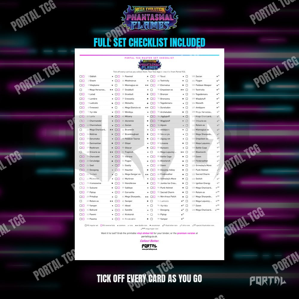 The free Phantasmal Flames master set checklist included with the placeholders