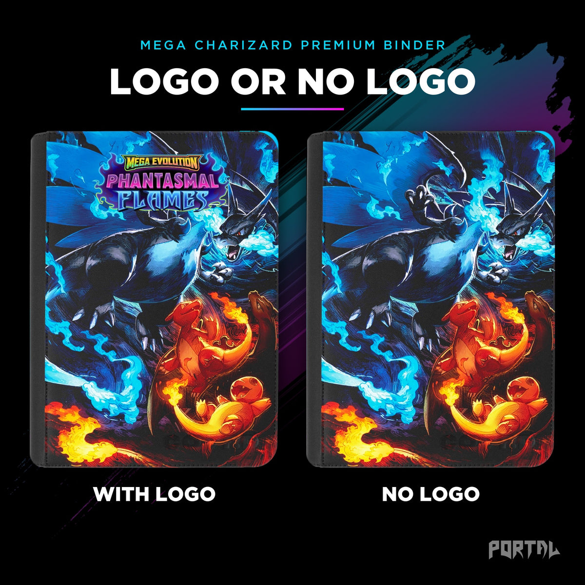 Pokemon Phantasmal Flames Mega Charizard premium binder, with logo and without logo side by side, Portal TCG