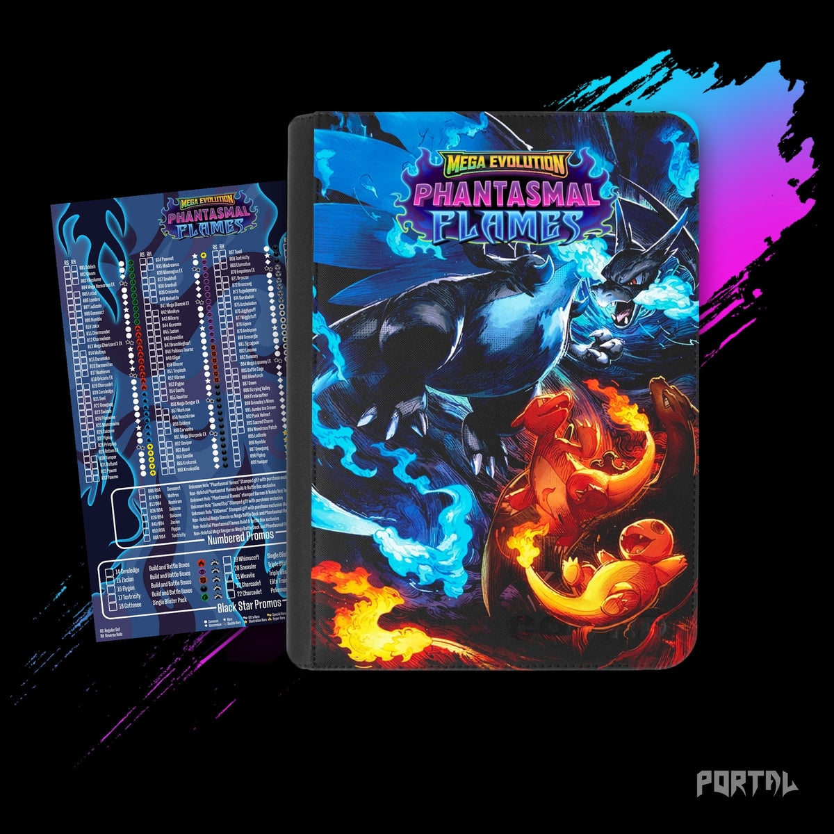 Pokemon Phantasmal Flames Mega Charizard premium binder, with its checklist, Portal TCG
