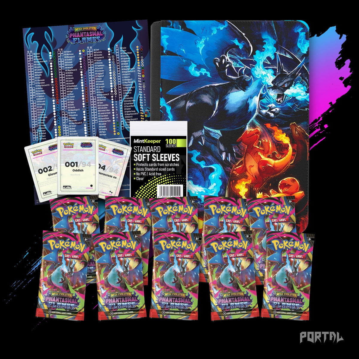 Pokemon Phantasmal Flames Mega Charizard premium collector's bundle, everything included, binder without set logo, Portal TCG