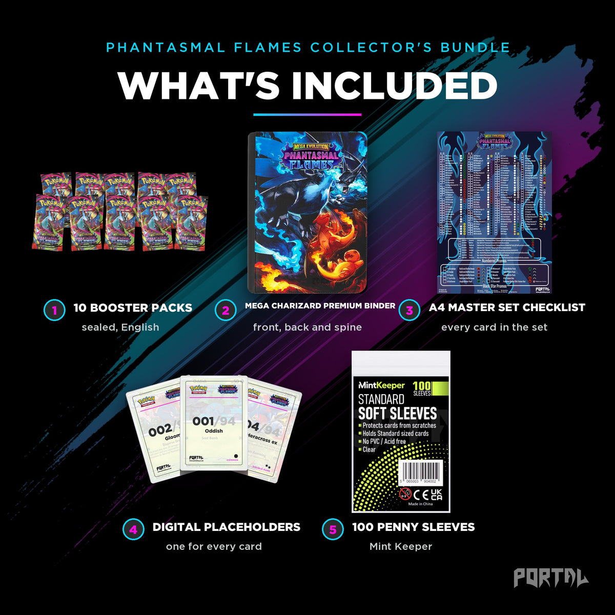 Pokemon Phantasmal Flames Mega Charizard premium collector's bundle, what's included, Portal TCG