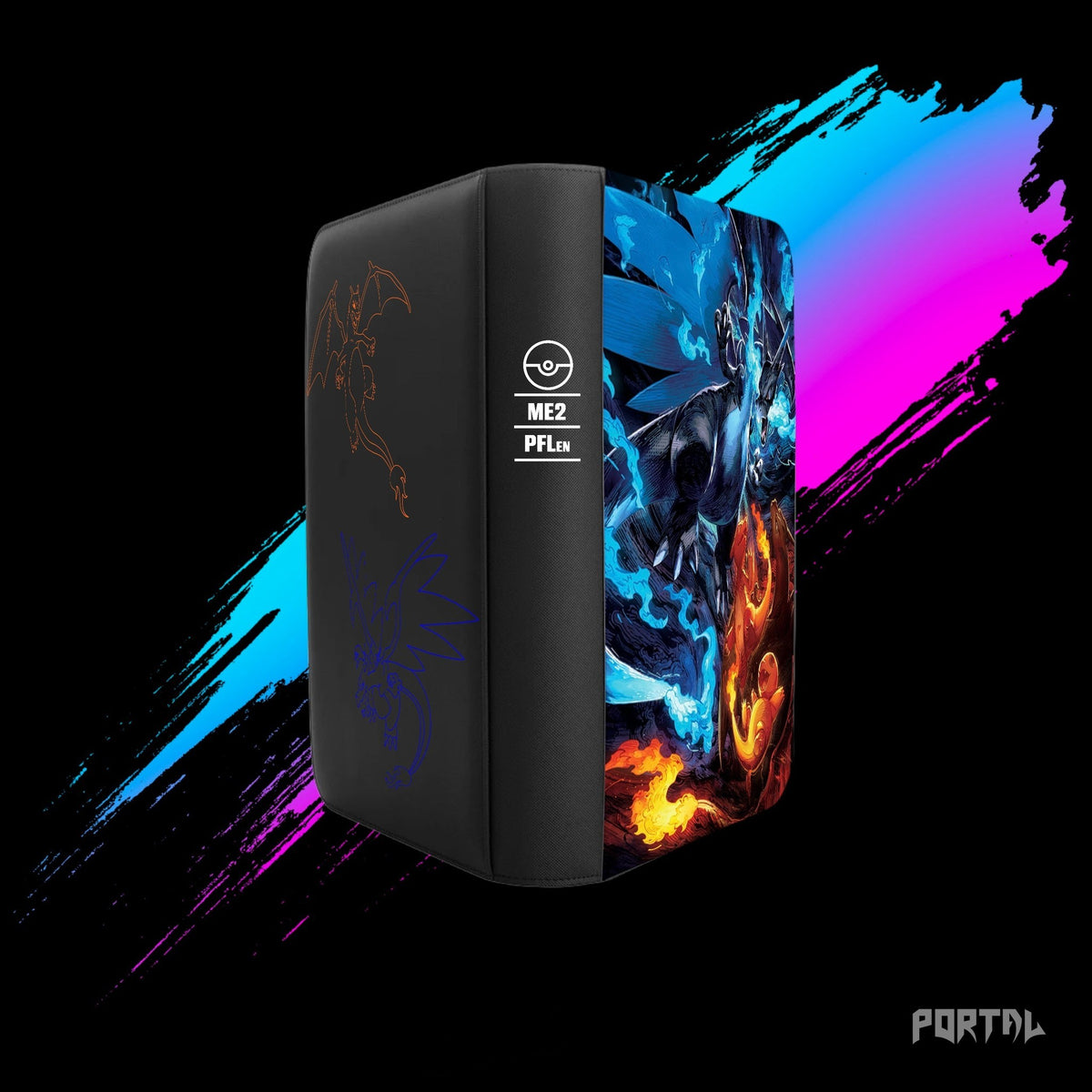 Pokemon Phantasmal Flames Mega Charizard premium collector's bundle, premium binder angled view, Portal TCG
